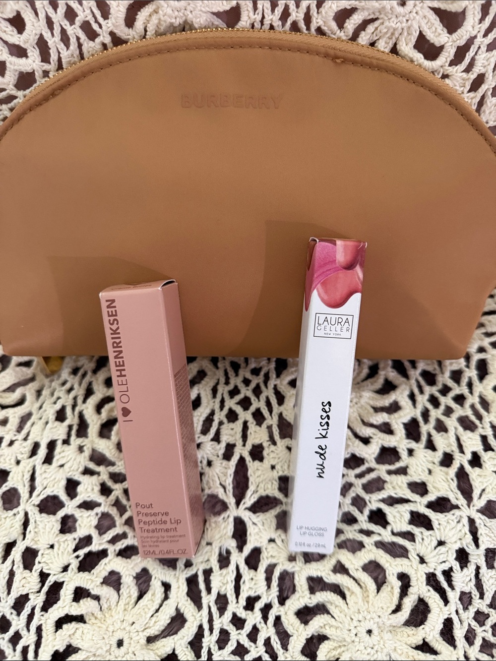 Burberry Tan Cosmetic Pouch with Pink Lip Gloss Packaging